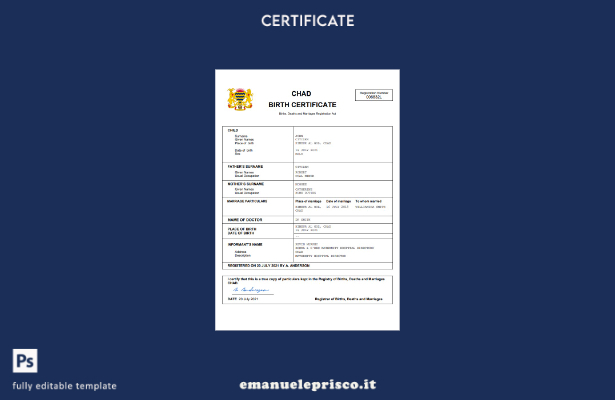 certificato di nascita del Ciad in stile verificato modello Word e PDF